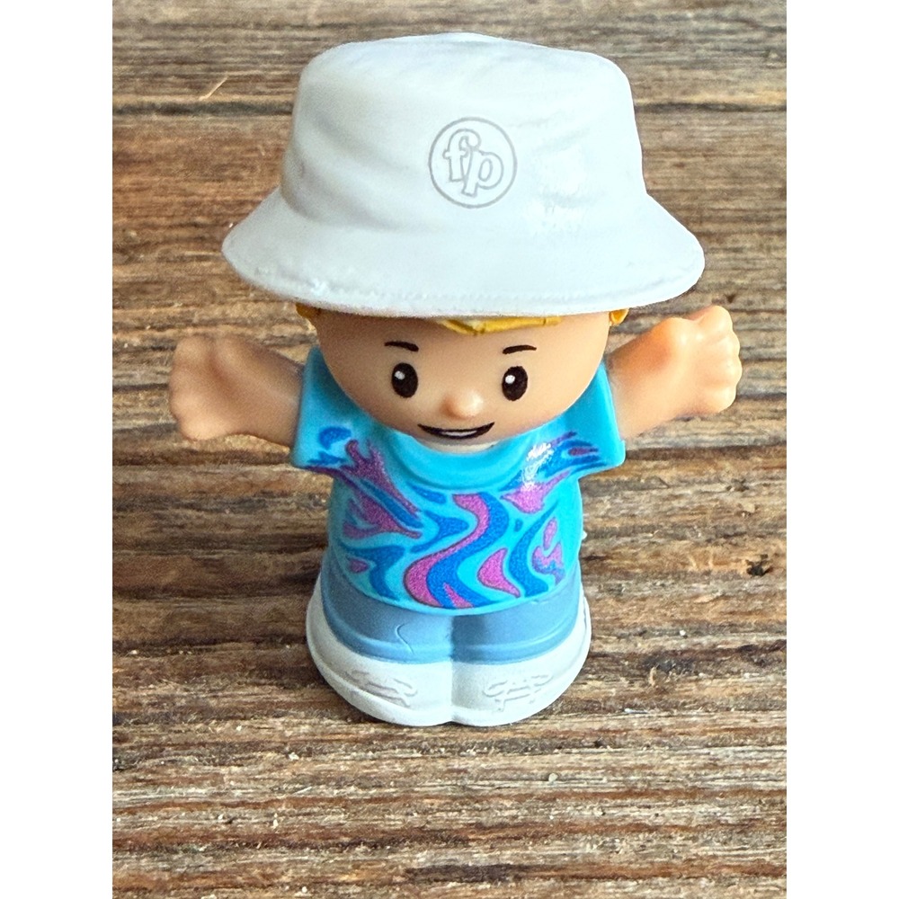 FisherPrice Little People Boy Figure White Bucket Hat Blue 90s Swirl Shirt HXC03